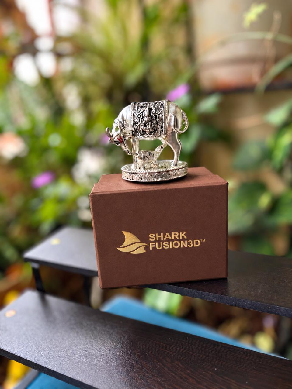 Kamdhenu Cow with Calf Idol | 999 Silver Plated Vastu Statue for Home Temple | 2.5 Inch