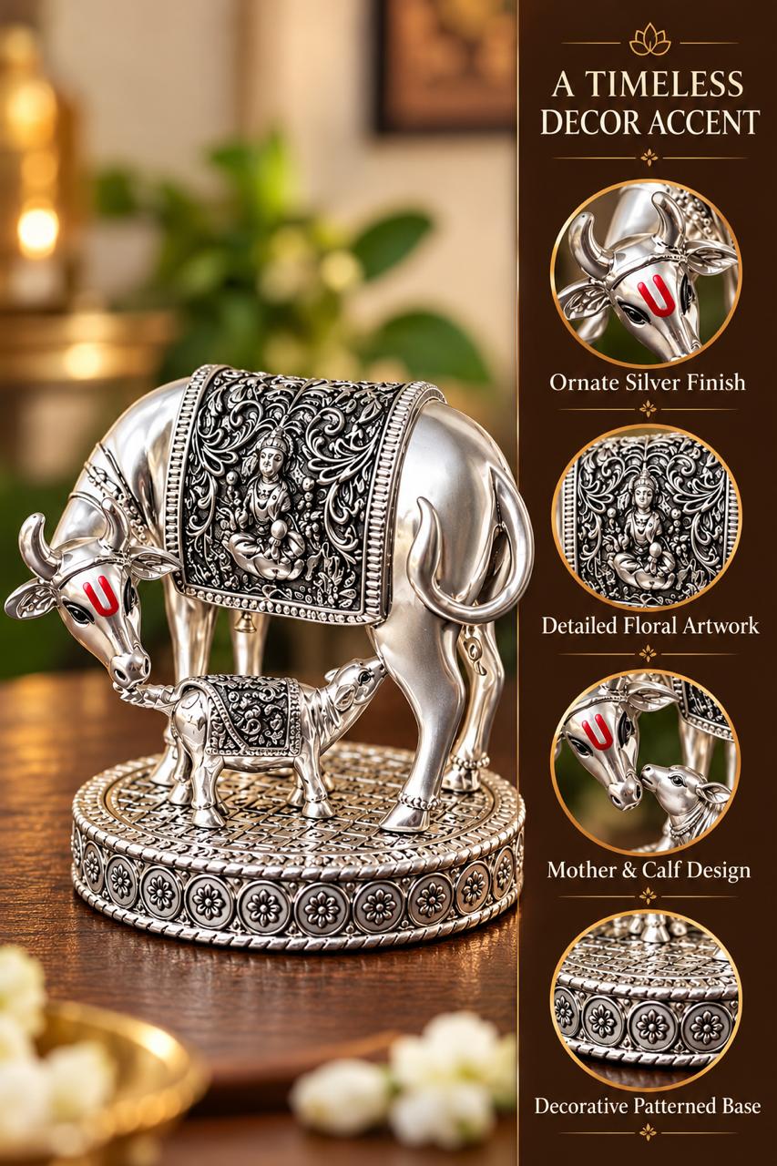 Kamdhenu Cow with Calf Idol | 999 Silver Plated Vastu Statue for Home Temple | 2.5 Inch
