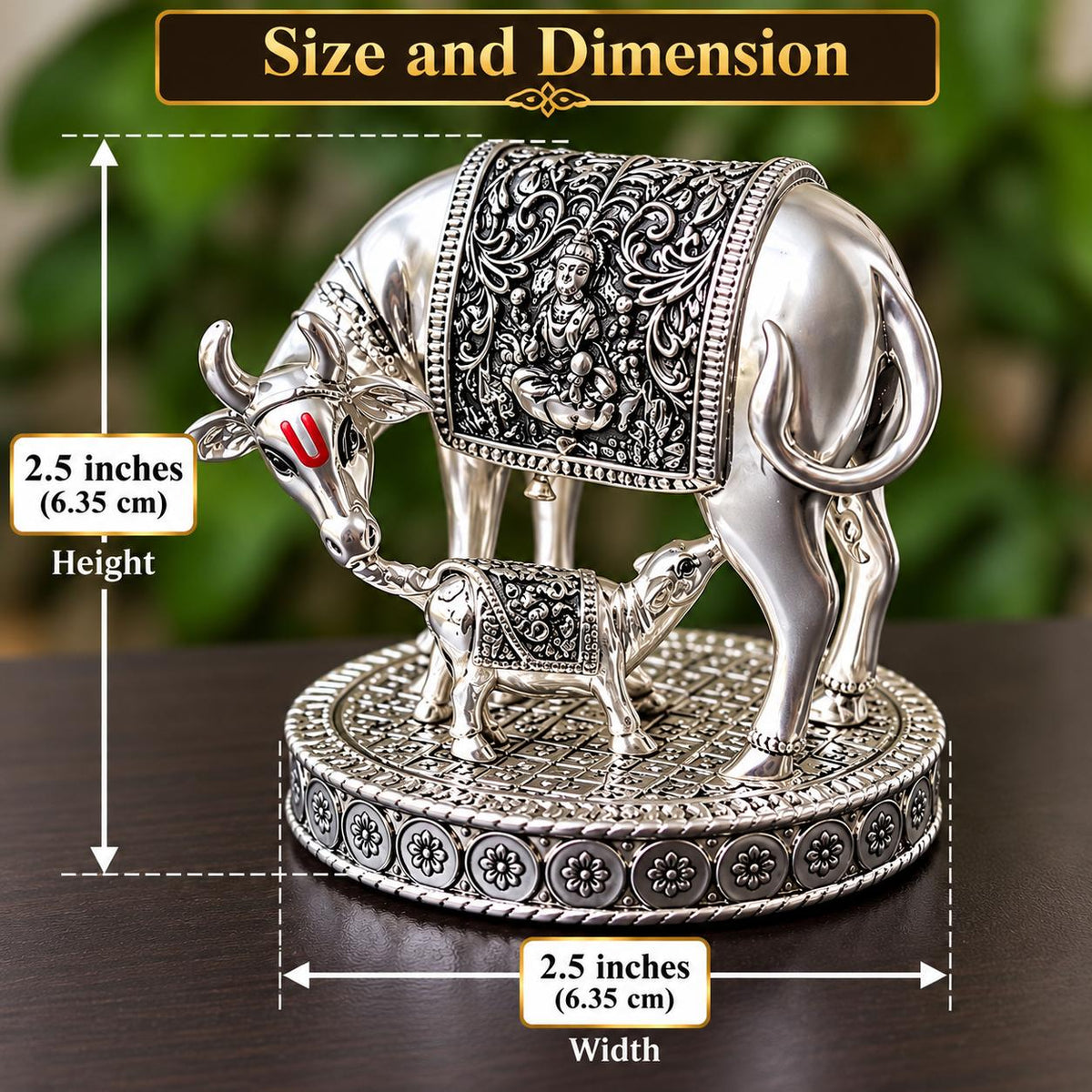 Kamdhenu Cow with Calf Idol | 999 Silver Plated Vastu Statue for Home Temple | 2.5 Inch